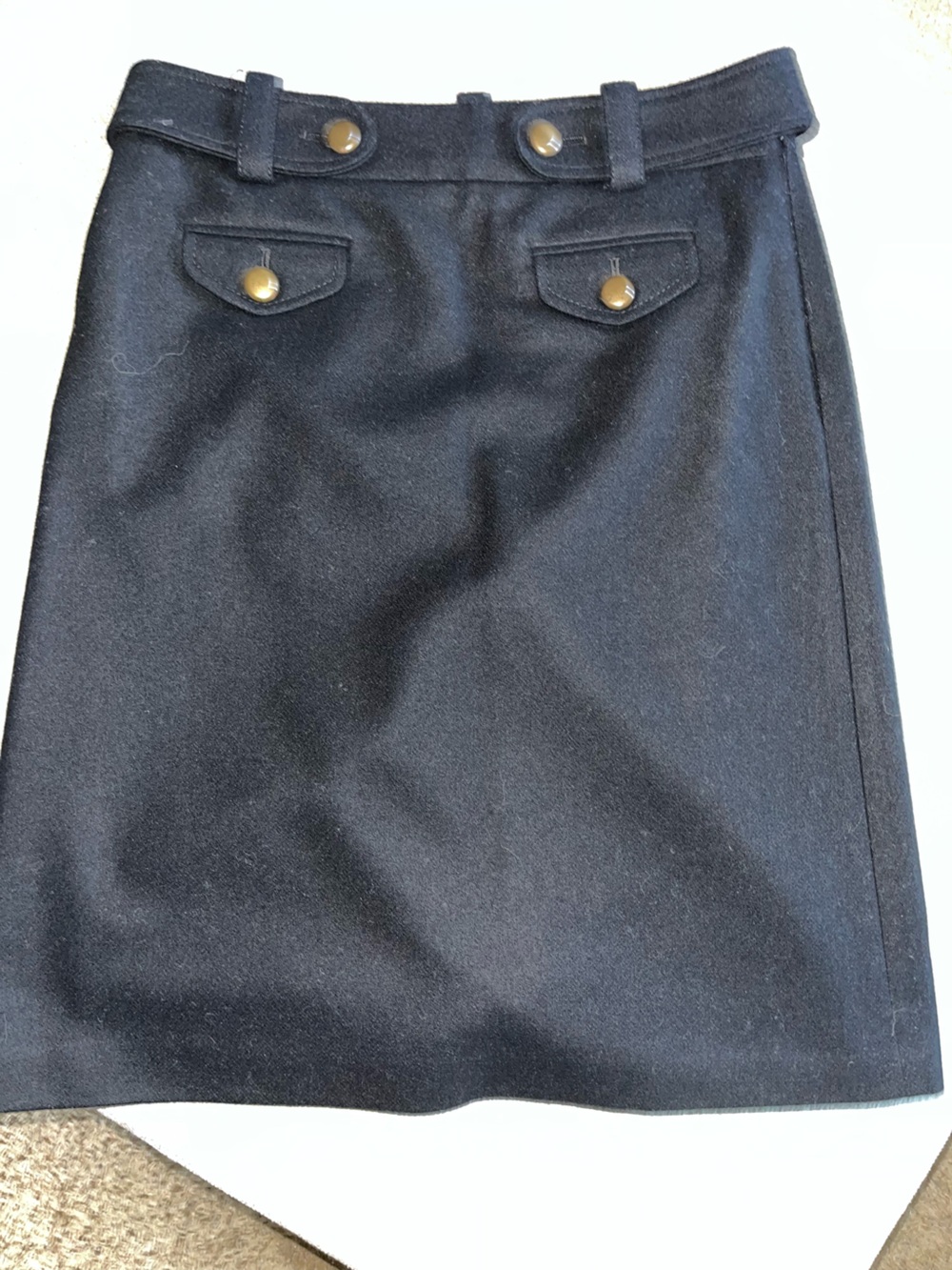 J. Crew Black Midi Wool Skirt with Brass Button Accents